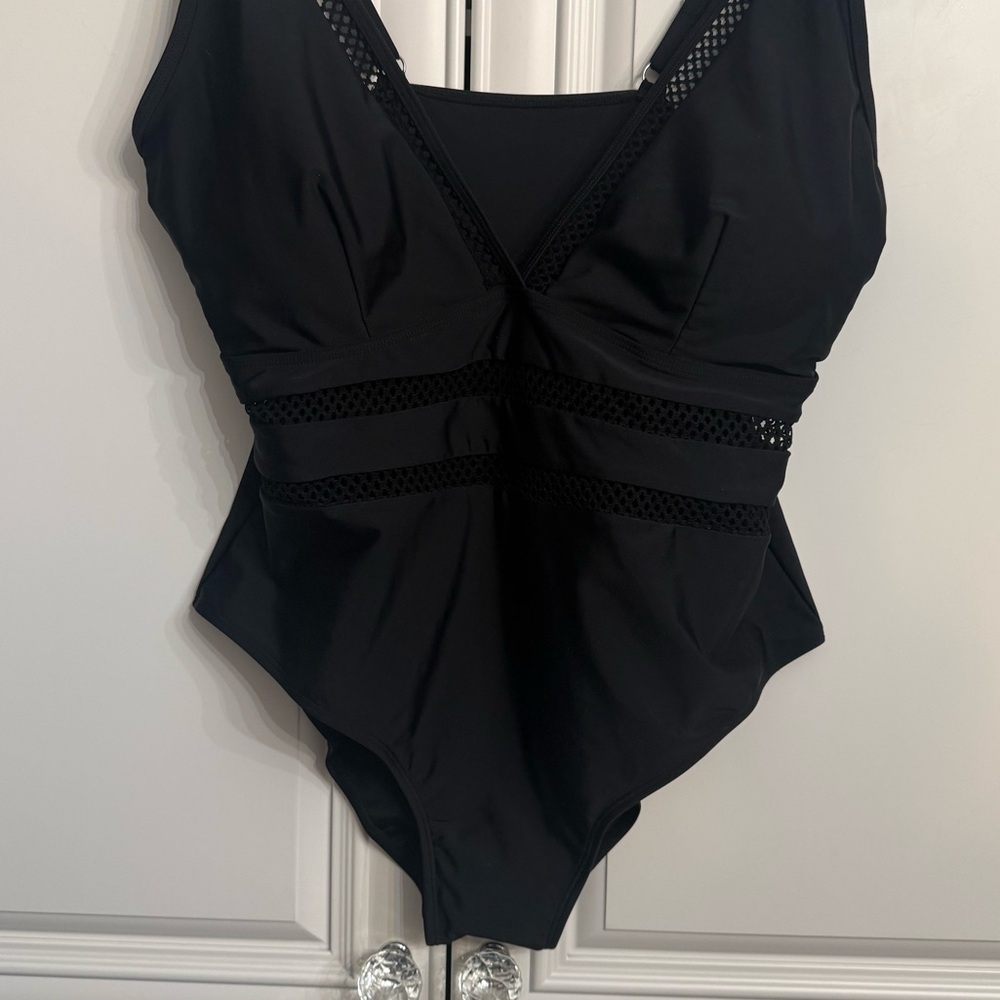 Women’s Plus Size 2XL Mesh Plunge Black One-Piece Swimsuit Padded Bra Adjustable - Picture 3 of 10